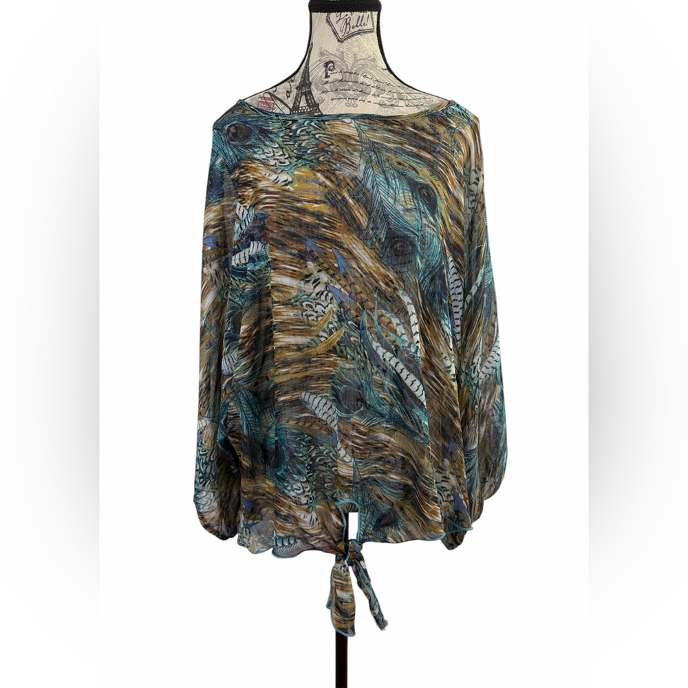 Cha Cha Vente Peacock Feather Print Kimono/ Batwing Sleeves Blouse – Size Large